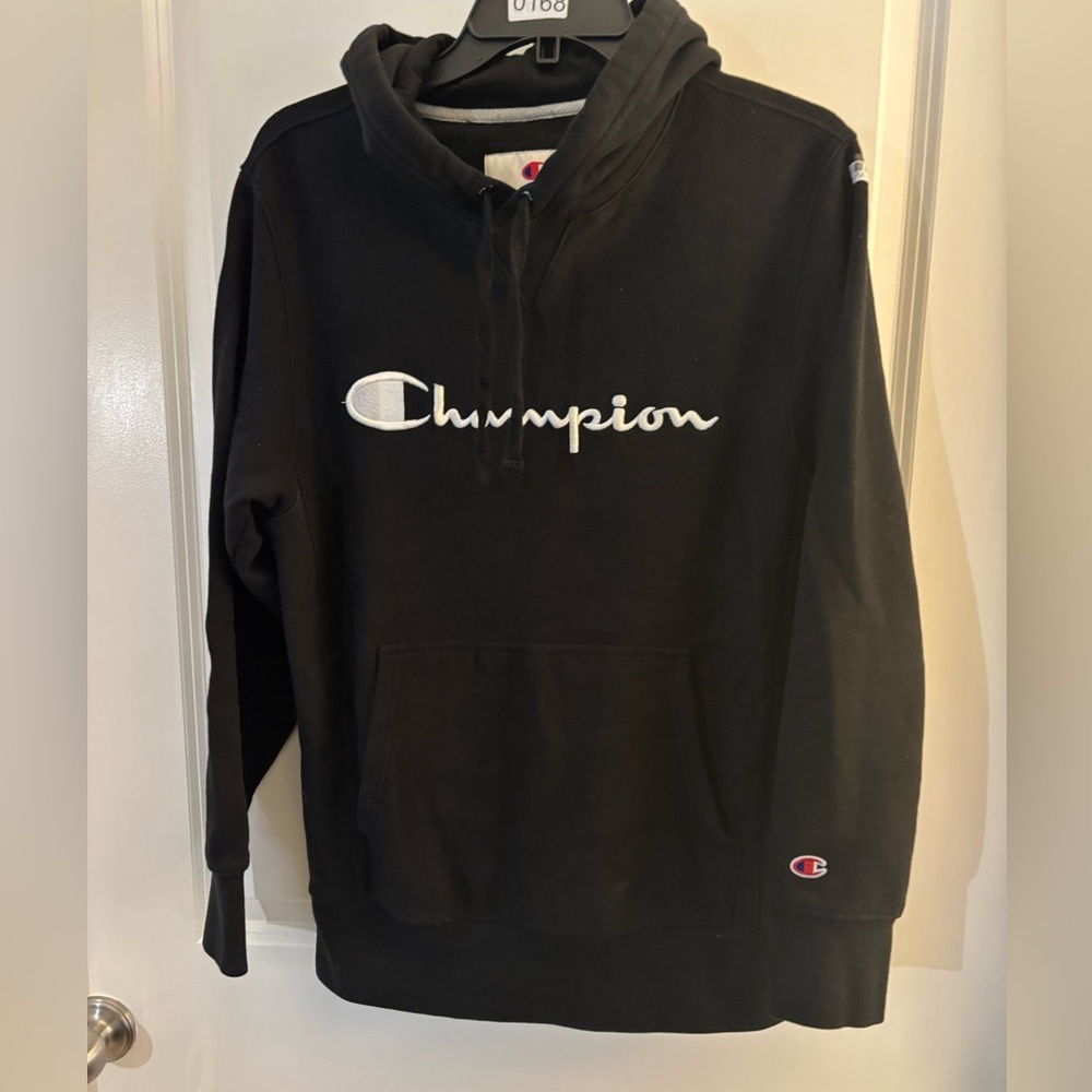 Champion Black Hoodie with White Logo sz small